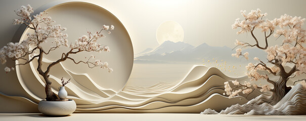 Japandi calm background in white colors and minimal abstract elements.