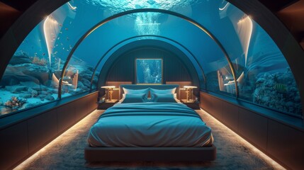 A luxury underwater hotel with transparent walls - obrazy, fototapety, plakaty