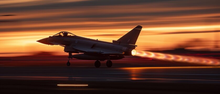 A jet fighter slices through dusk