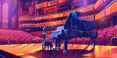 A playful illustration of a robot playing a grand piano in a concert hall