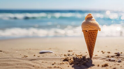 A delicious vanilla ice cream cone stands alone on a sandy beach, with waves in the background, inducing nostalgia and joy in summertime