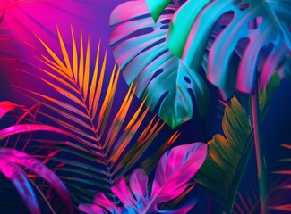 Tropical and palm leaves in vibrant bold gradient holographic neon colors. Concept art. Minimal surrealism summer background. HD.stock photo