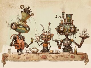 A whimsical illustration of a steampunk tea party with clockwork guests