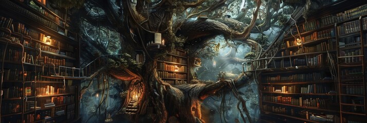 An ancient library in a tree with books and scrolls nestled in branches