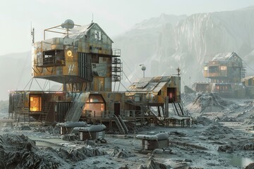 An apocalyptic survivors camp with innovative defenses and community living set in a rugged - obrazy, fototapety, plakaty