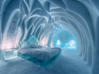 An ice hotel with sculptures and furniture made of crystal-clear ice