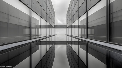 Explore the beauty of architectural symmetry with a photograph of a sleek, modern building. The symmetrical lines and geometric shapes emphasize a "straight forward" design philosophy.