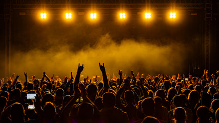 rock concert crowd în front of the stage. People with hands and phones în the air. have Fun at...