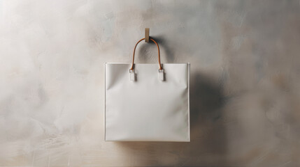 A white shopping bag with leather handles hangs against a textured beige wall. - obrazy, fototapety, plakaty