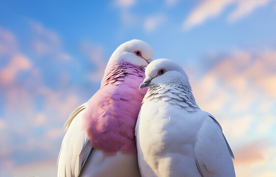 Sunset Serenity: Two Pigeons in Embrace.
 Captivating image of two pigeons cuddling against a sunset sky, ideal for themes of love, peace, and harmony in nature.