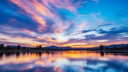 Tranquil mountain sunset  majestic peaks, vibrant sky, and reflective lake in stunning evening vista - obrazy, fototapety, plakaty