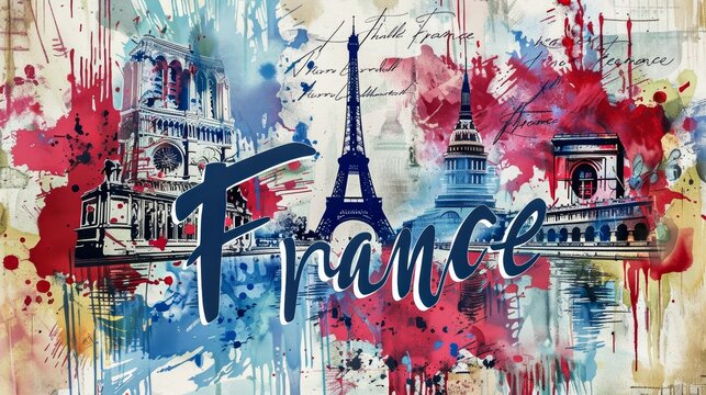 Stunning watercolor artwork featuring iconic French landmarks with vibrant splashes of color