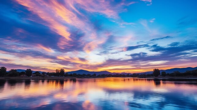 Tranquil mountain sunset  majestic peaks, vibrant sky, and reflective lake in stunning evening vista