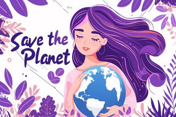 happy mother earth day. a woman holding planet Earth in a simple flat style, with purple hair and a green leaves background. A banner about World Environmental Day, as an eco product promotion