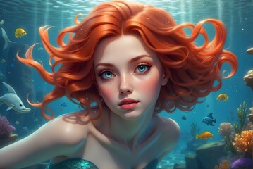 Rothaarige Meerjungfrau unter Wasser - Fantasy - obrazy, fototapety, plakaty