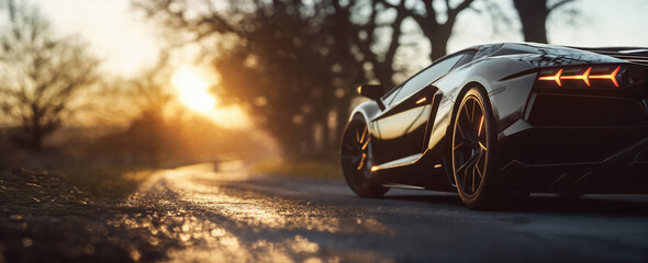 a black sports car driving down a road at sunset or dawn with trees in the background and the sun shining on the ground