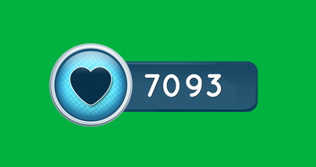 Digital image of a heart icon with increasing numbers ona green background 4k