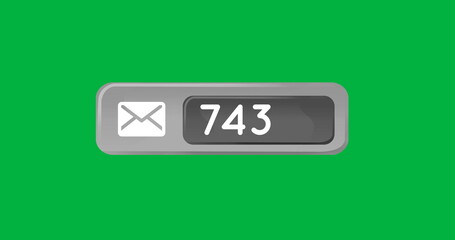 Digital image of a message icon and increasing number inside a grey box on a green background 4k