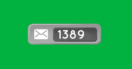 Digital image of a message icon and increasing number inside a grey box on a green background 4k
