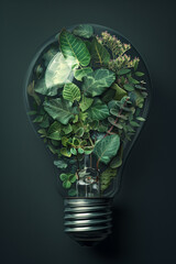 light bulb with leaves and plants in it.Green power concept