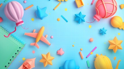 On a school notebook background, colorful 3D paper balloons and airplanes fly. Modern doodle cartoon kids, planes, balloons poster template. - obrazy, fototapety, plakaty