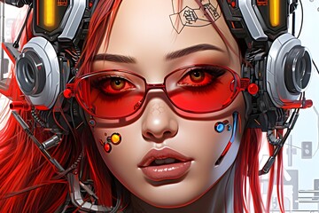 Cyberpunk Redhead Anime Girl with Distinctive Eyepatch and Headphones - obrazy, fototapety, plakaty