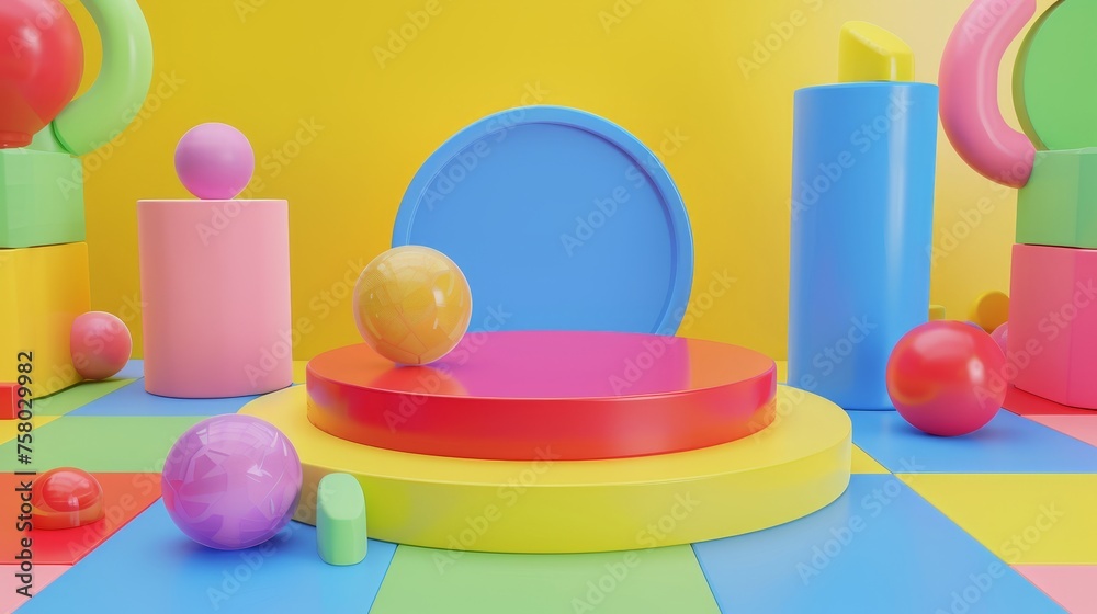 Leinwandbilder This is a 3D rendering of a podium with abstract geometric shapes and an empty space for a baby or kids product.