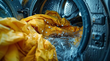 Laundry in Steamy Washing Machine. Closeup of a laundry cycle, with clothes tumbling from washer to dryer, steam rising in the background - obrazy, fototapety, plakaty