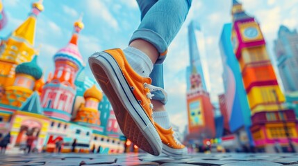 Dynamic perspective of a traveler sneakers on a vibrant, colorful street with collage images of important landmarks