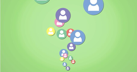 Digital image of follower icons flying upwards in a green screen 4k