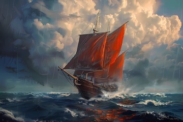  Red Sails at Stormy Sea - obrazy, fototapety, plakaty