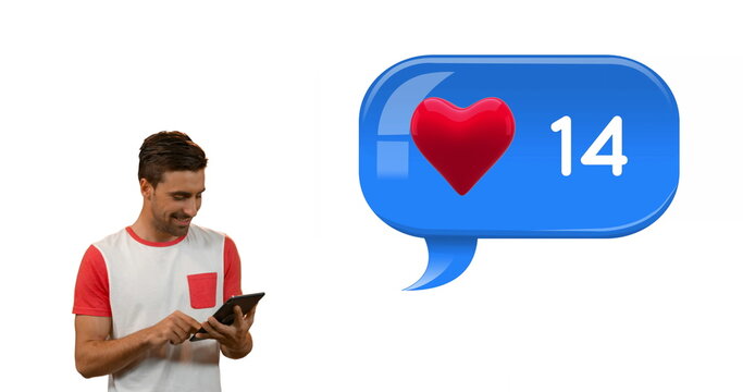 Front view of a Caucasian man beside a blue chat box containing a heart icon and numbers - Powered by Adobe