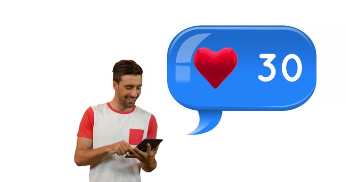 Front view of a Caucasian man beside a blue chat box containing a heart icon and numbers - Powered by Adobe