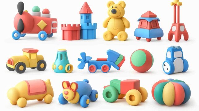 A collection of 3D modern icons depicting kids' toys, including a train, plane, castle, ball, cubes, and bear.