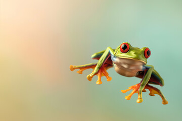 Naklejka premium Green tree frog jumping isolated on pastel background with copy space for text.