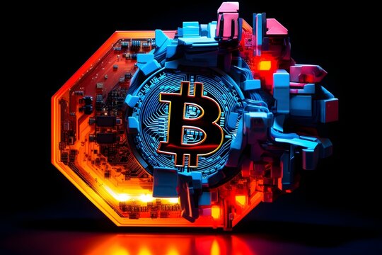 Futuristic 3D Bitcoin Logo Illuminated by Cyberpunk Neon Lights on a Black Background
