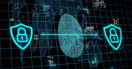 Image of biometric fingerprint, markers and data processing over world map