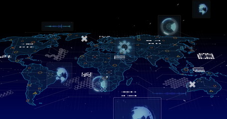 Image of scopes, markers and data processing over world map