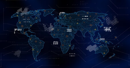 Image of data processing and markers over world map