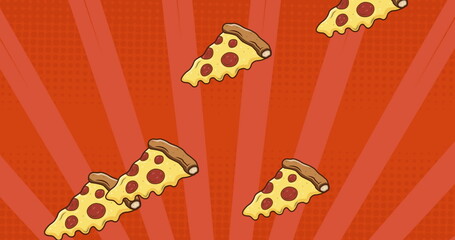 Image of pizza icons over over stripes on red background