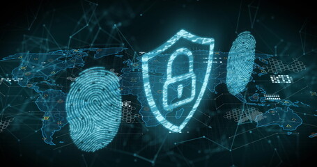 Image of online security padlock, biometric fingerprints, data processing over world map