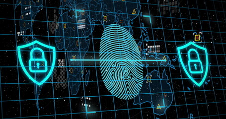 Image of online biometric fingerprint, markers and data processing over world map