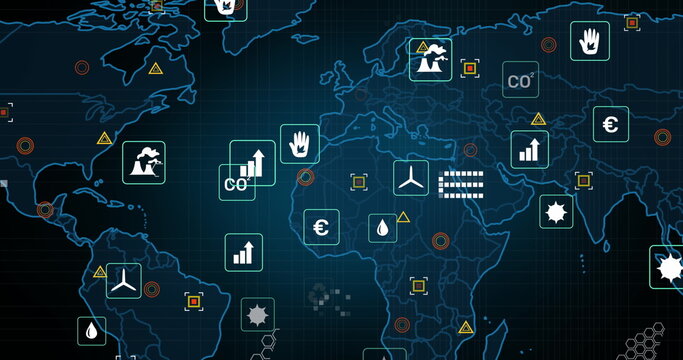 Image of ecology icons, data processing and markers over world map