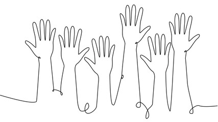 continuous single line drawing of a group of hands raised up. The concept of voting, elections