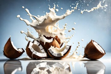 Dynamic splash capturing milk bursting from cracked coconut, food background