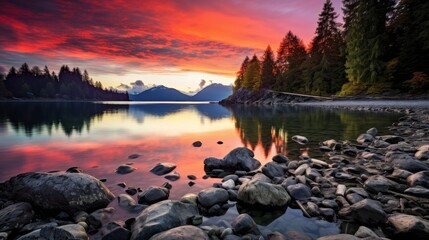 Tranquil mountain landscape with a vibrant sunset sky reflecting in the calm waters of a serene lake