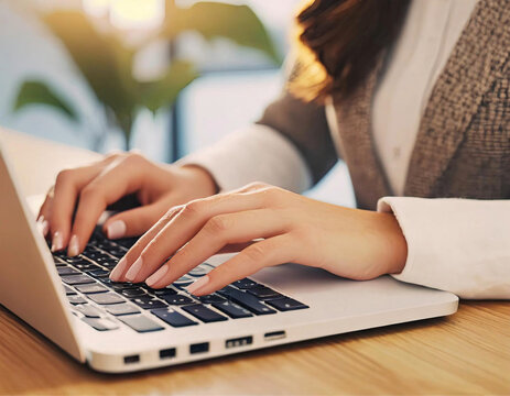 Detalhe de m&atilde;os femininas digitando no notebook.