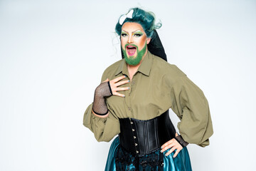 Happy Crossdresser Man With Beard and Green Hair in Costume