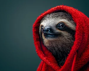 Fotobehang A sloth wearing a red hood in a close-up shot © NAPATSAWAN