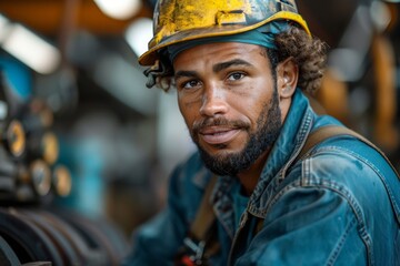 A male worker in a safety helmet with a contemplative expression amidst heavy machinery - obrazy, fototapety, plakaty